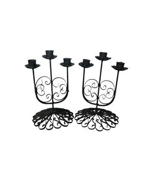 Spanish Revival Black Wrought Iron Candlebra Set Three Arm Scrollwork Brutalist